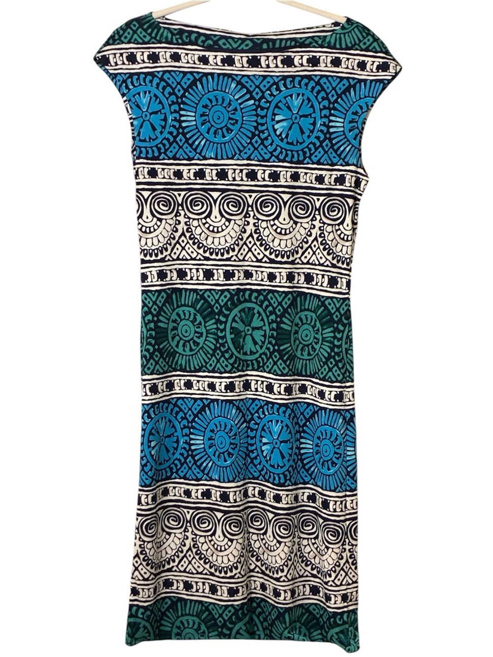 Tory Burch‎ 100% Silk Tribal Print Cap Sleeve Midi Sheath Dress Blue/Teal Boho M
